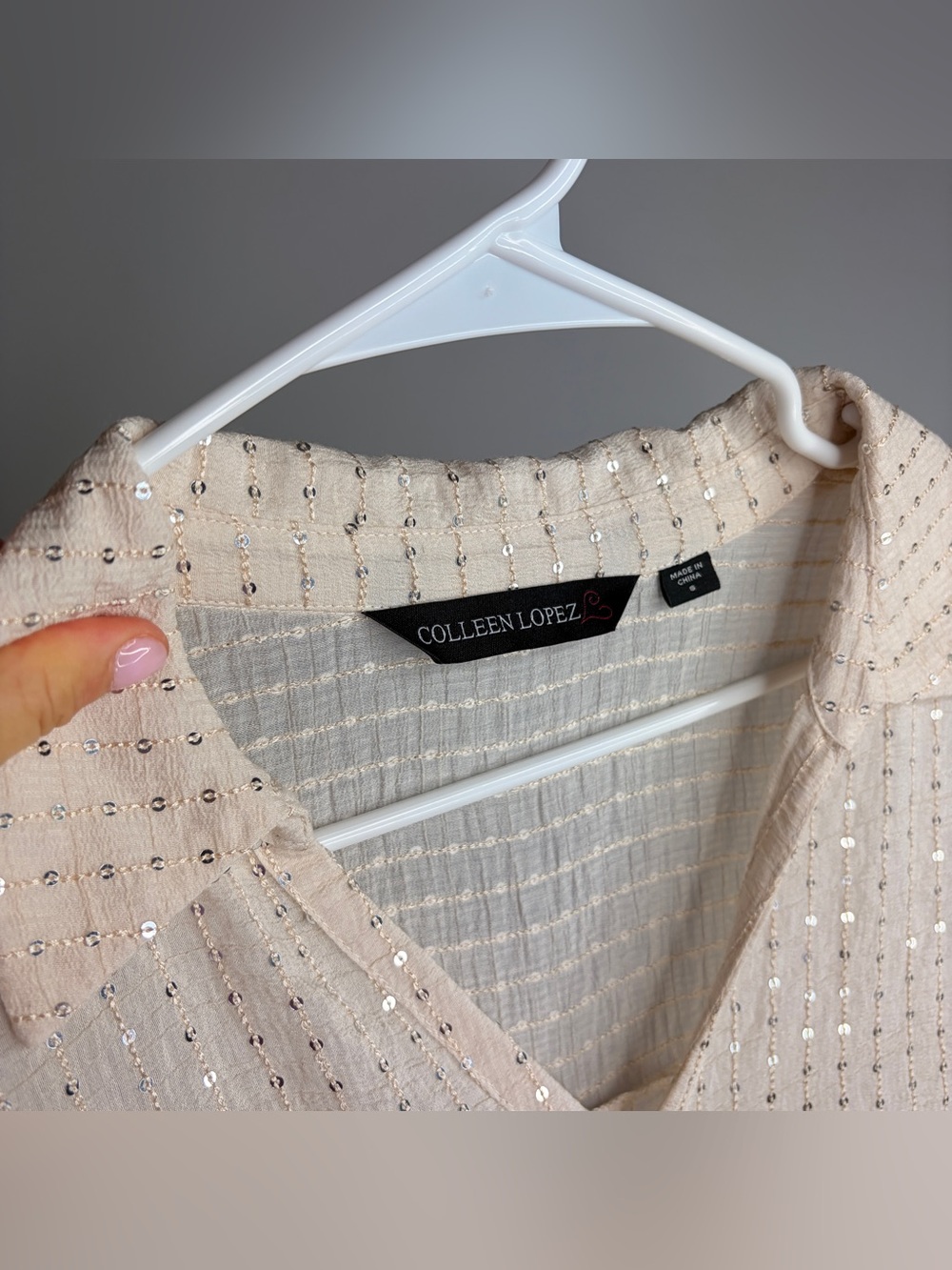 Colleen Lopez Sequin-Stripe Cream Sparkle Small Blouse Button Down - Picture 3 of 8